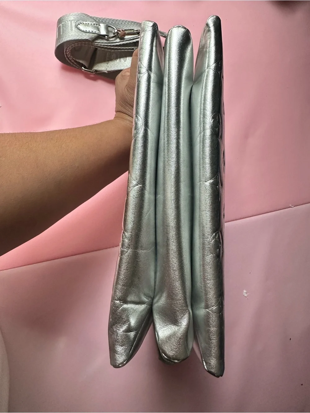 Metallic Silver Monogram Shoulder Pouch
